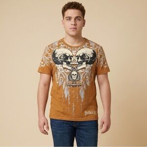 Vintage Romwe Men’s Y2K Affliction Gold Short Sleeve Graphic Skull T-Shirt - M